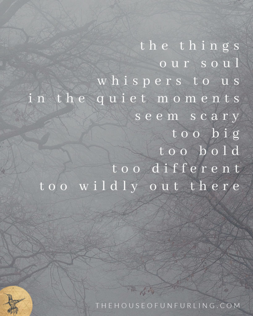 "the things our soul whispers to us in the quiet moments seem scary, too big, too bold, too different, too wildly out there". Click to read the Full Article: ON FEAR, and learning to listen to the whispers anyway - Develop Intuition - kathleensaelens.com