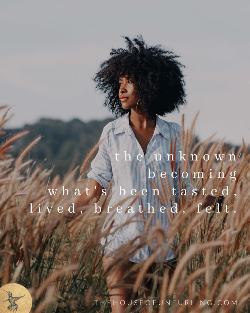 "The unknown becoming what's been tasted, lived, breathed, felt". Click to read the Full Article: ON FEAR, and learning to listen to the whispers anyway - Develop Intuition - kathleensaelens.com